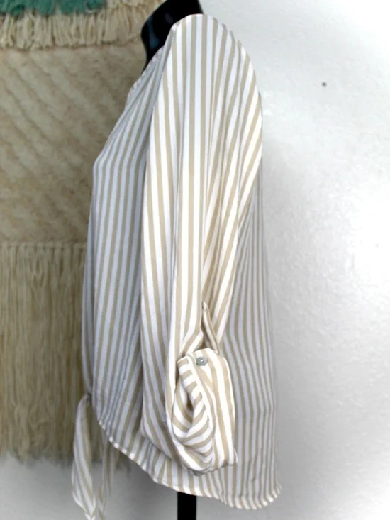 Chico's Size 0 Striped Long Sleeve Front
Tie Blouse Tan, white chifon - Picture 5 of 8